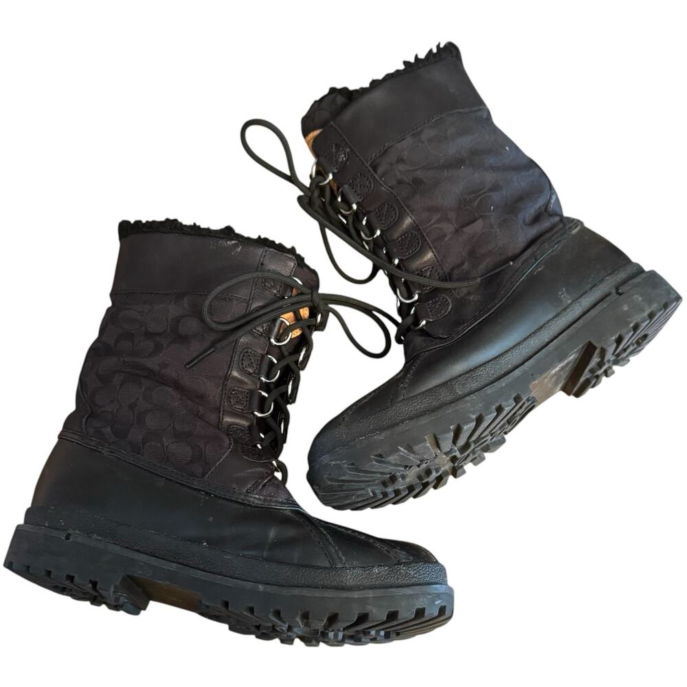 Coach Signature Logo Black Size 7 Laura Lace Up Sherpa Lined Snow Boots